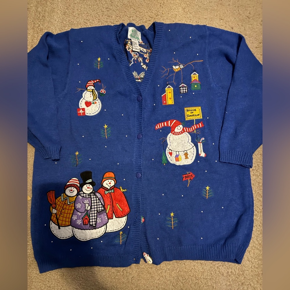 Vintage Blue Snowman Cardigan, women’s, winter, holiday, 2XL